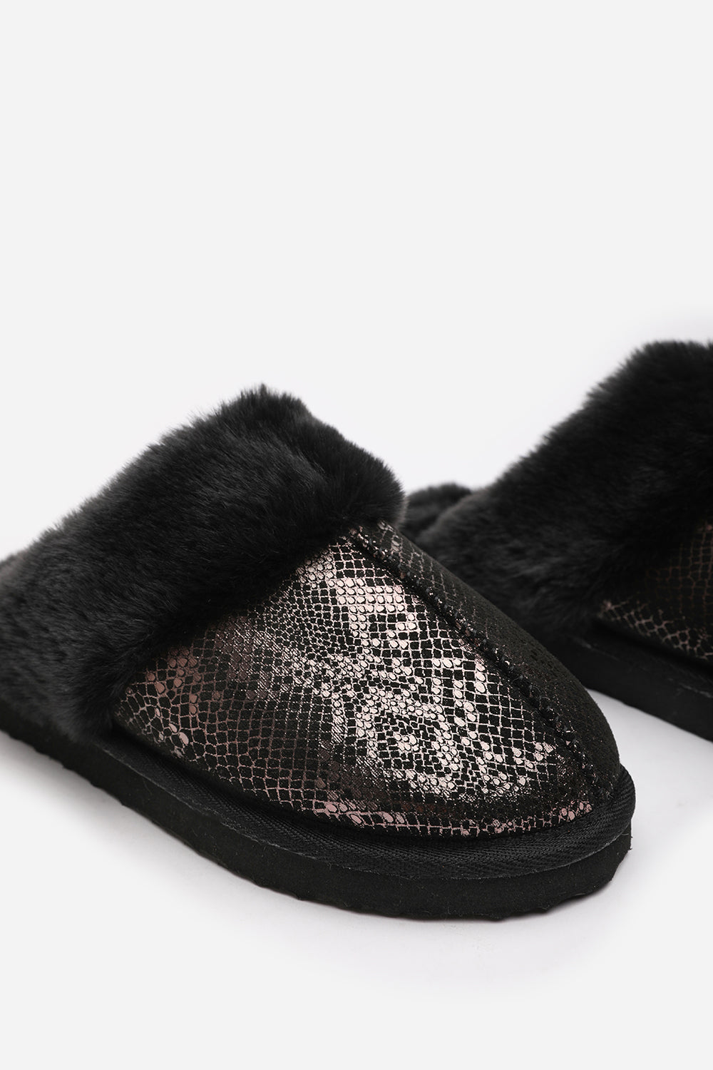 Flora Snake Print Mule Slippers with Black Faux Fur Trim