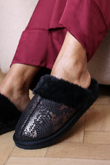 Qexira Snake Print Mule Slipper With Faux Fur Trim