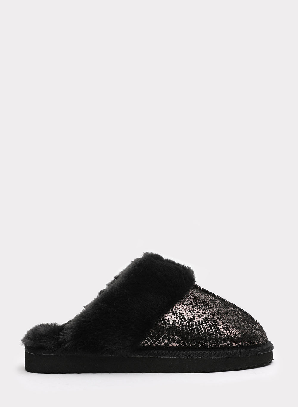 Qexira Snake Print Mule Slipper With Faux Fur Trim