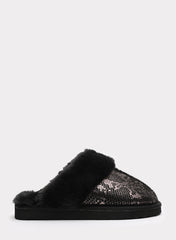 Qexira Snake Print Mule Slipper With Faux Fur Trim