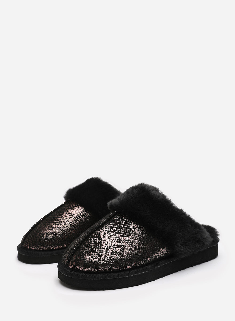 Qexira Snake Print Mule Slipper With Faux Fur Trim