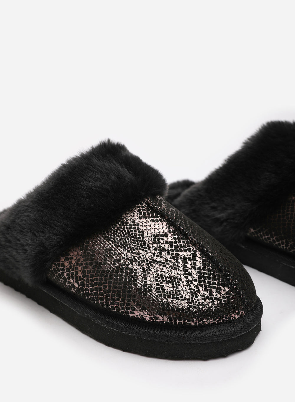 Qexira Snake Print Mule Slipper With Faux Fur Trim