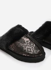 Qexira Snake Print Mule Slipper With Faux Fur Trim