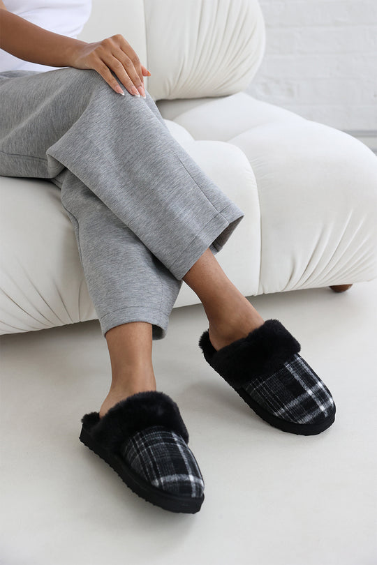 Inaya Black Tartan Mule Slippers with Faux Fur Trim