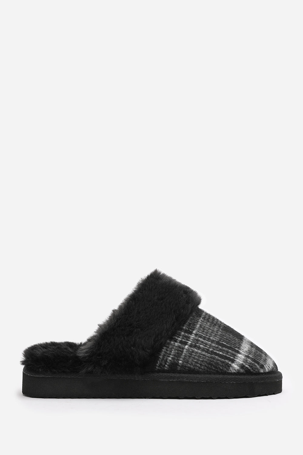 Inaya Black Tartan Mule Slippers with Faux Fur Trim