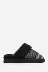 Inaya Black Tartan Mule Slippers with Faux Fur Trim
