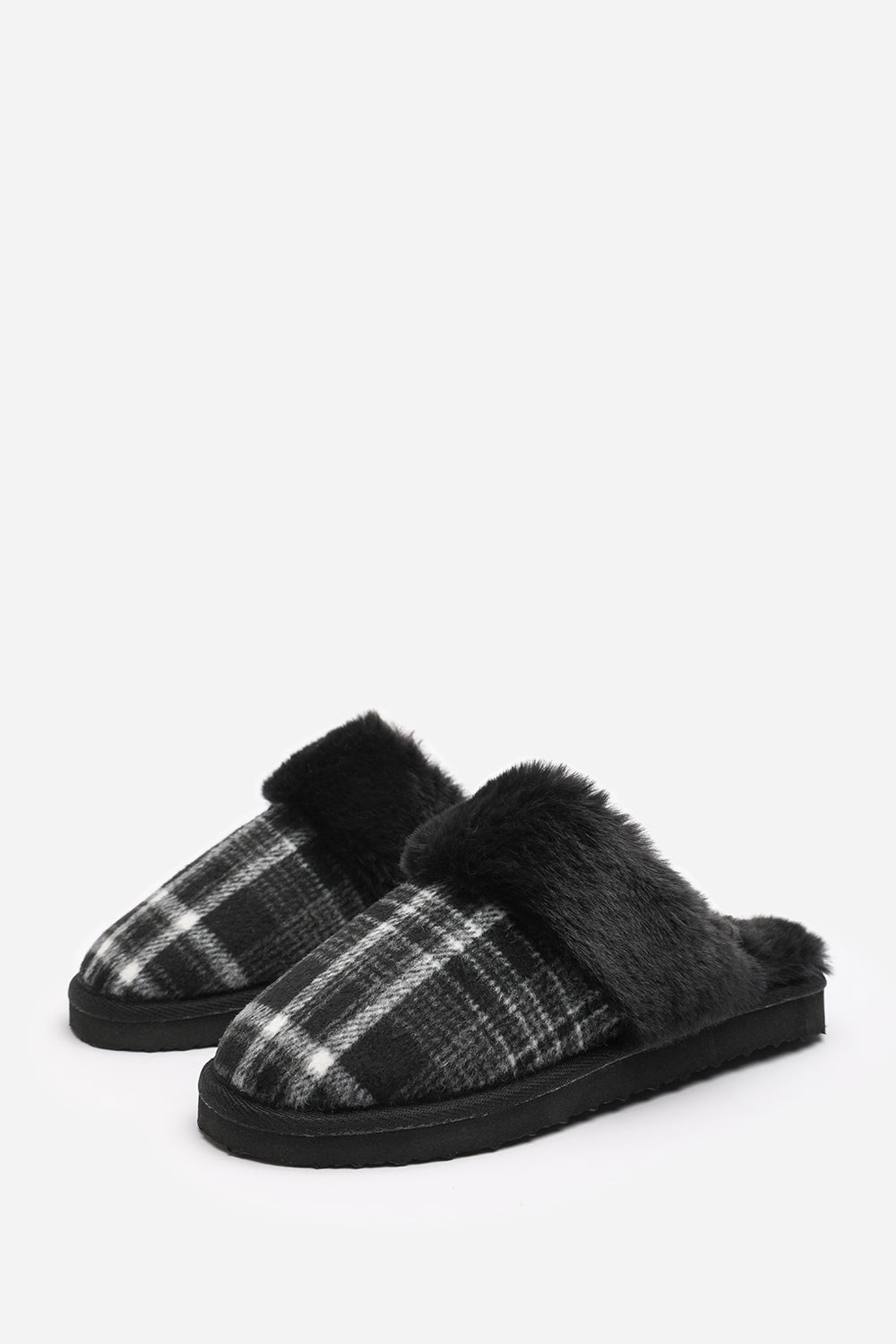 Inaya Black Tartan Mule Slippers with Faux Fur Trim