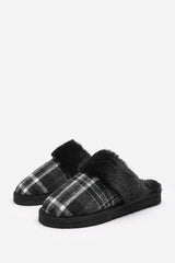 Inaya Black Tartan Mule Slippers with Faux Fur Trim
