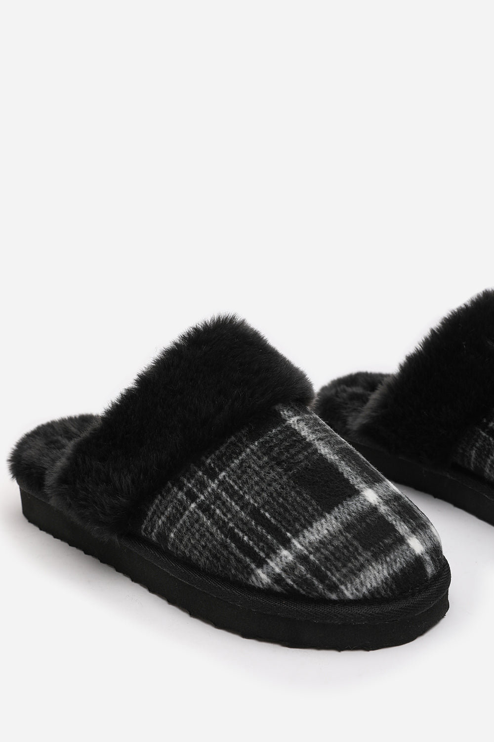 Inaya Black Tartan Mule Slippers with Faux Fur Trim