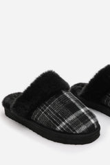 Inaya Black Tartan Mule Slippers with Faux Fur Trim