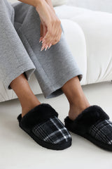 Inaya Black Tartan Mule Slippers with Faux Fur Trim