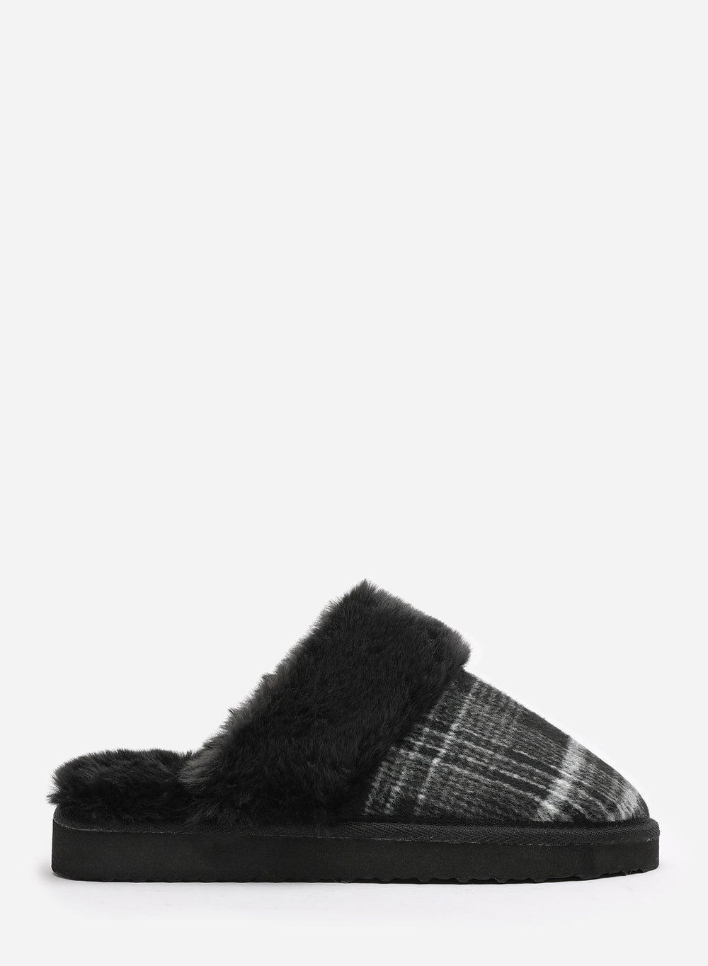 Qalyx Cosy Tartan Check Faux Fur Trim Mule Slipper
