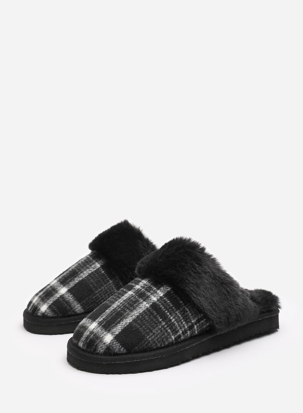 Qalyx Cosy Tartan Check Faux Fur Trim Mule Slipper
