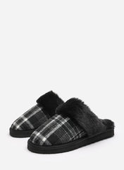 Qalyx Cosy Tartan Check Faux Fur Trim Mule Slipper