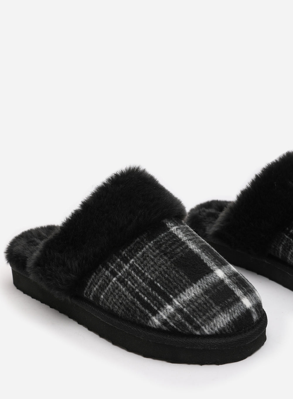 Qalyx Cosy Tartan Check Faux Fur Trim Mule Slipper