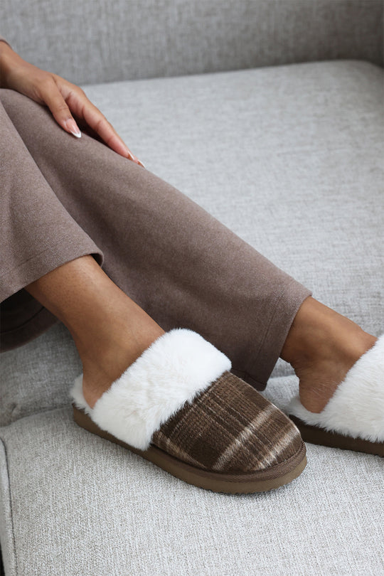 Inaya Brown Tartan Mule Slippers with Faux Fur Trim