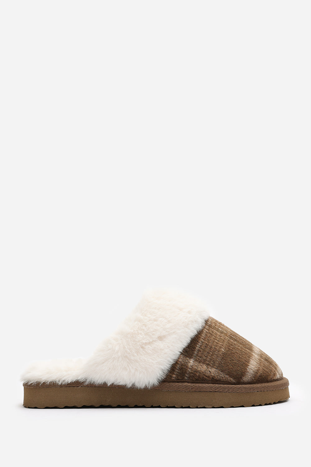 Inaya Brown Tartan Mule Slippers with Faux Fur Trim