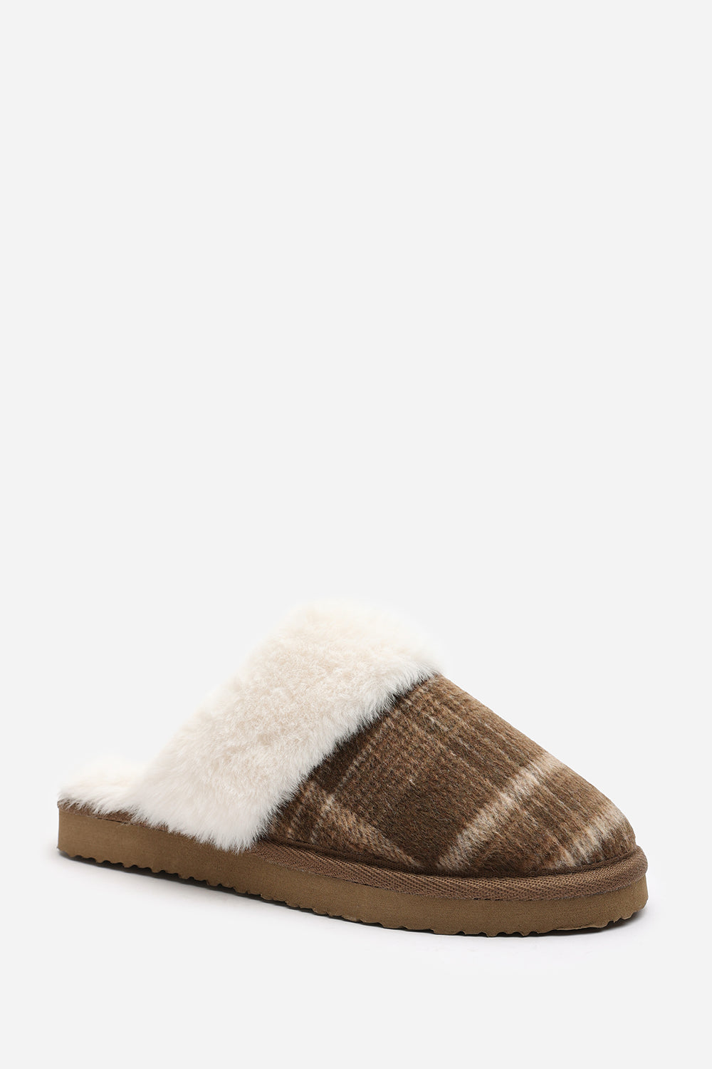 Inaya Brown Tartan Mule Slippers with Faux Fur Trim