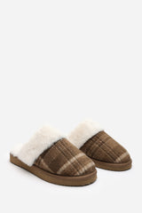 Inaya Brown Tartan Mule Slippers with Faux Fur Trim