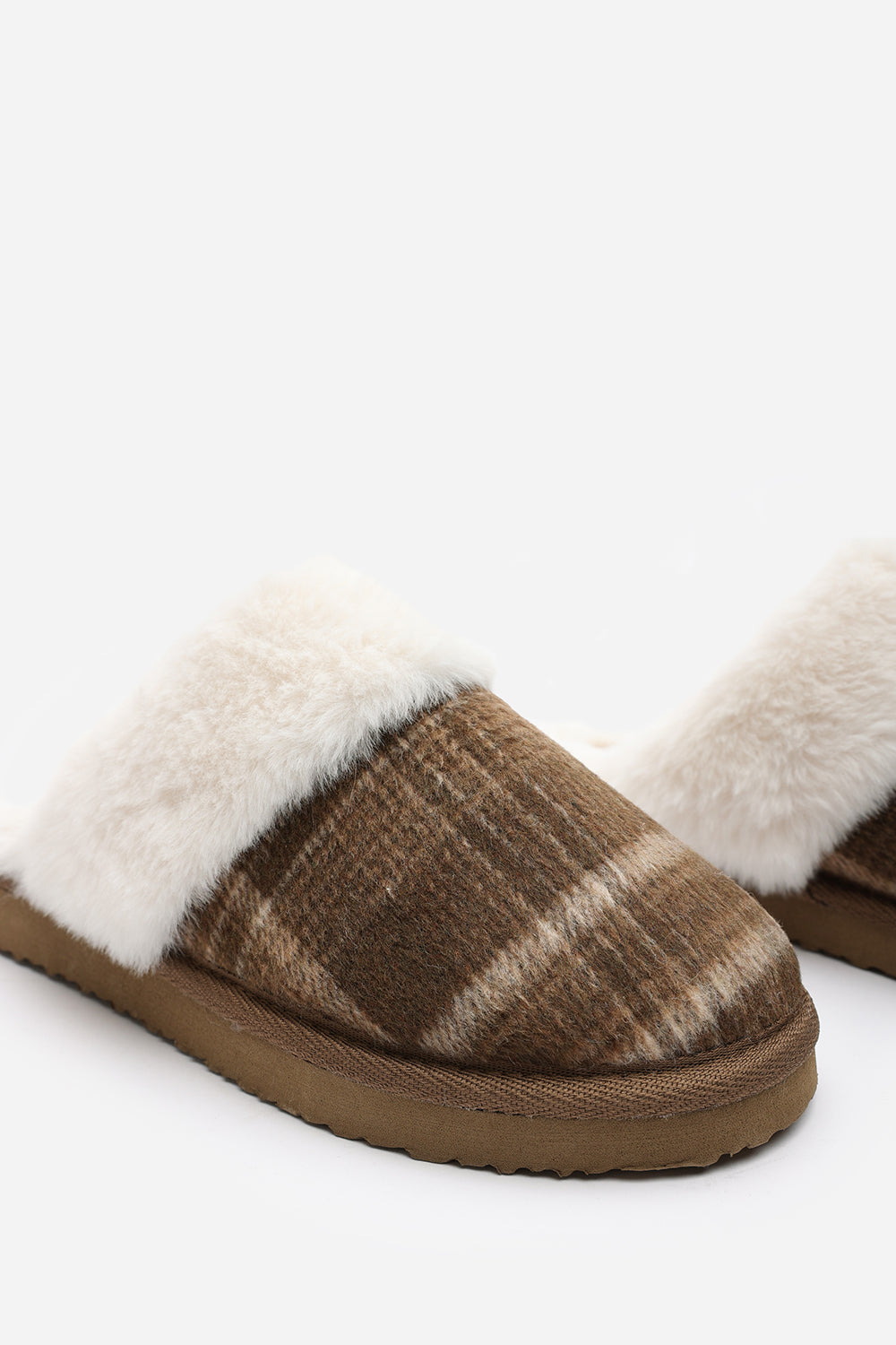 Inaya Brown Tartan Mule Slippers with Faux Fur Trim