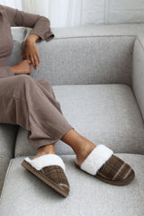 Inaya Brown Tartan Mule Slippers with Faux Fur Trim