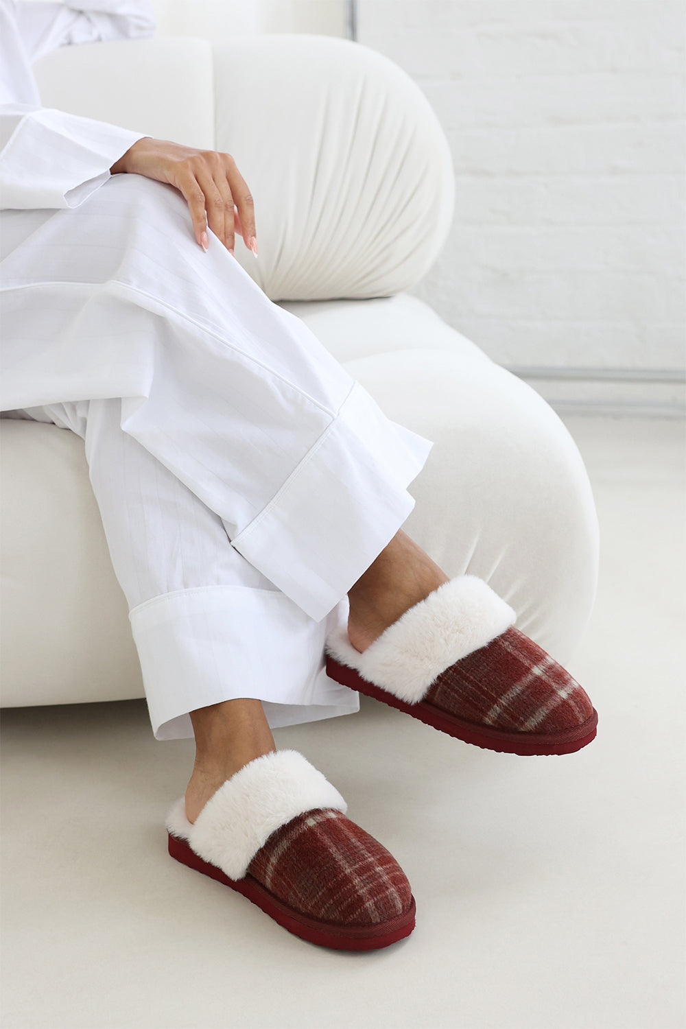 Inaya Red Tartan Mule Slippers with Faux Fur Trim