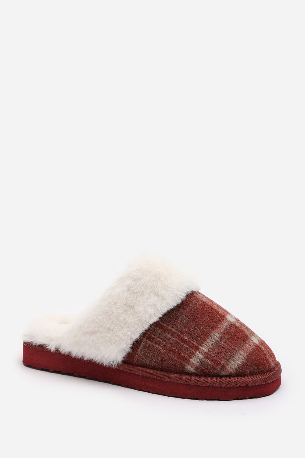 Inaya Red Tartan Mule Slippers with Faux Fur Trim