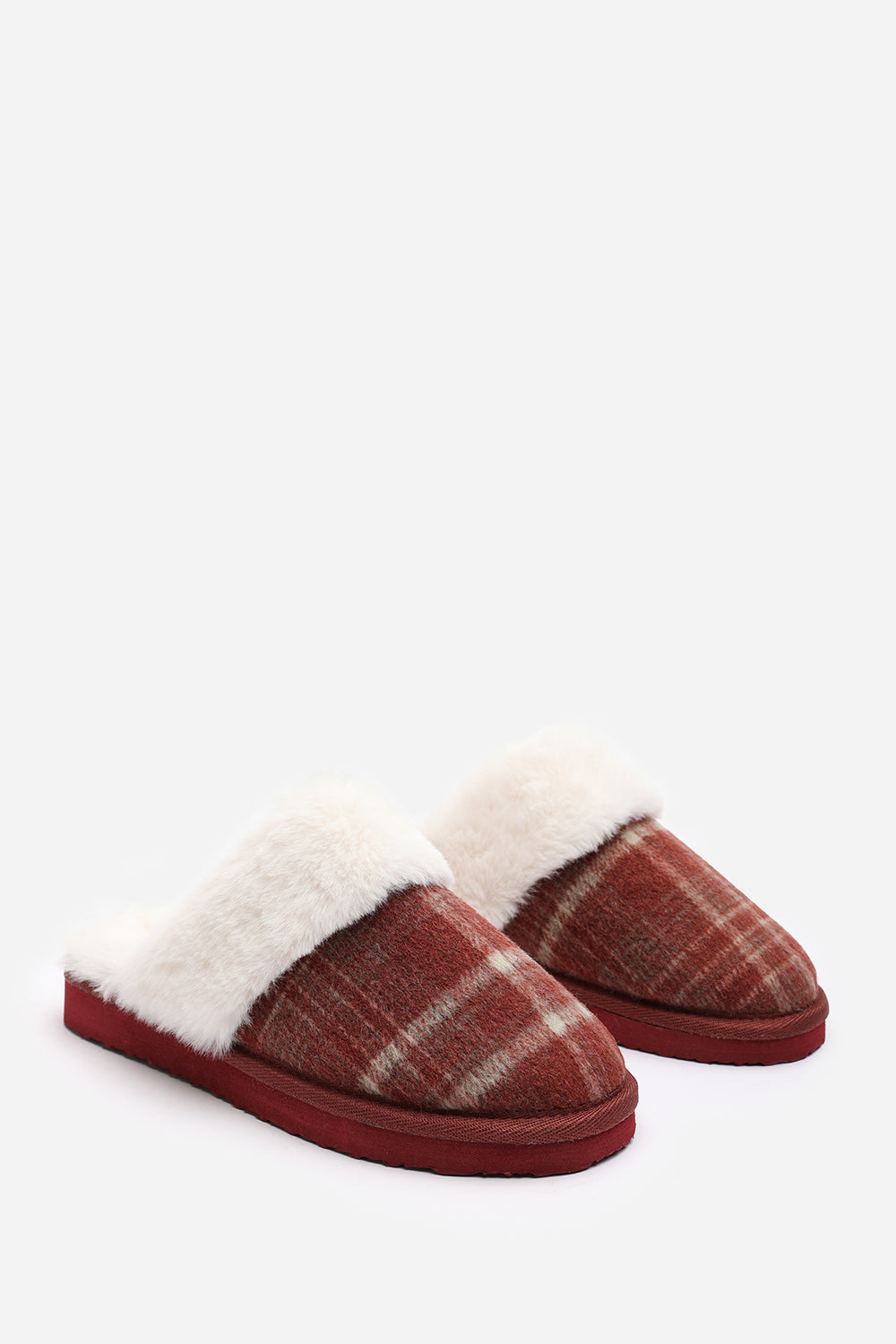 Inaya Red Tartan Mule Slippers with Faux Fur Trim
