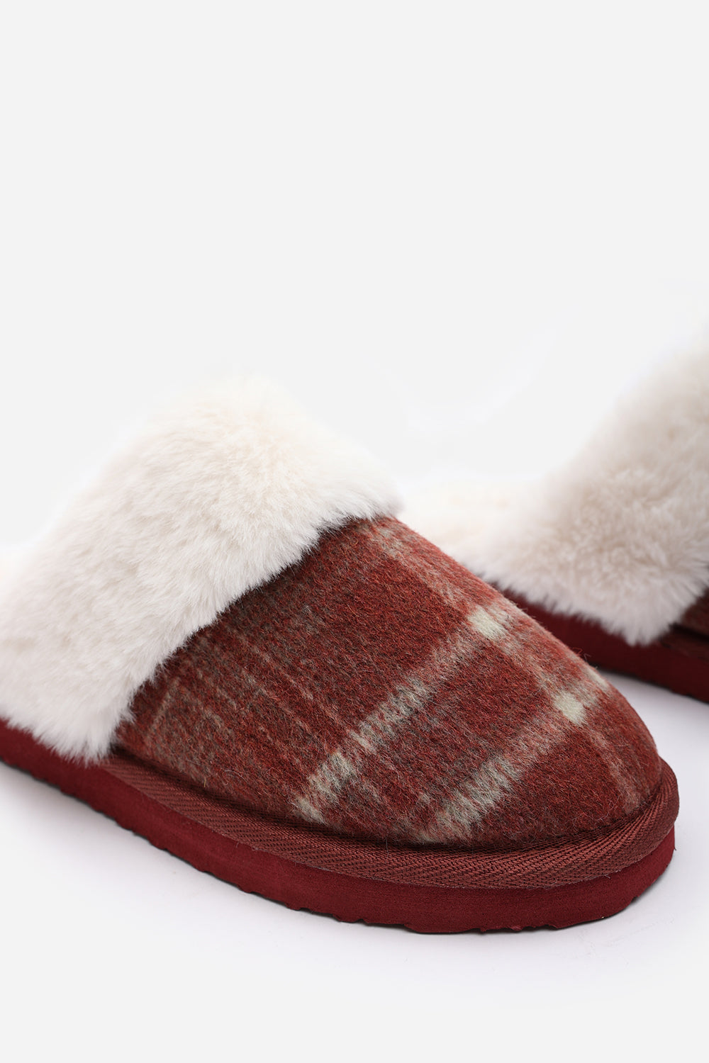 Inaya Red Tartan Mule Slippers with Faux Fur Trim
