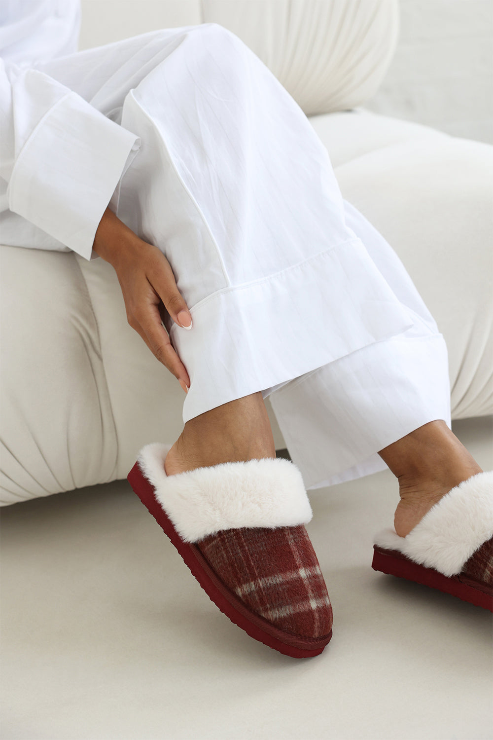Inaya Red Tartan Mule Slippers with Faux Fur Trim