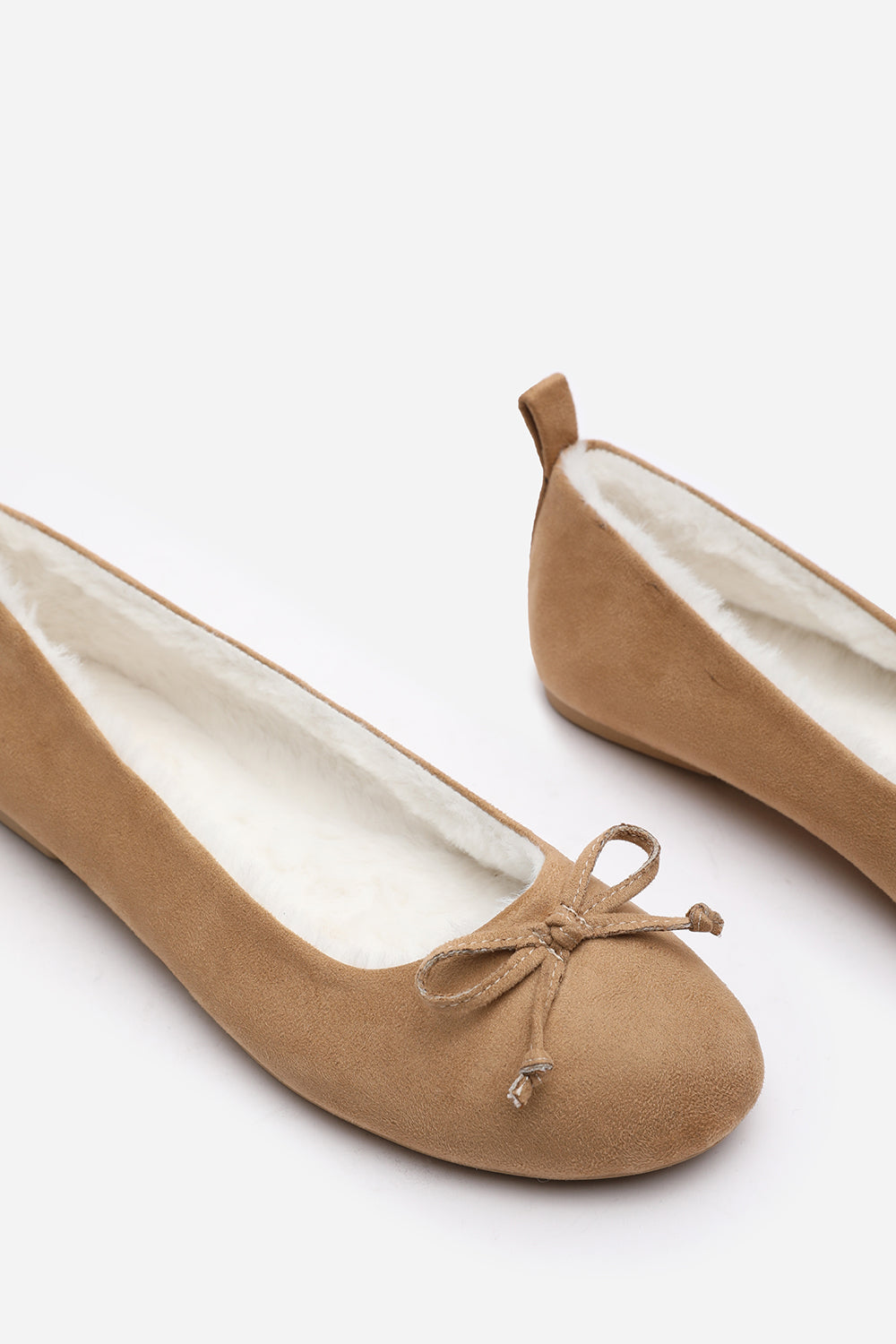 Cassia Ballet Slippers with Camel Faux Fur Lining and Bow detail
