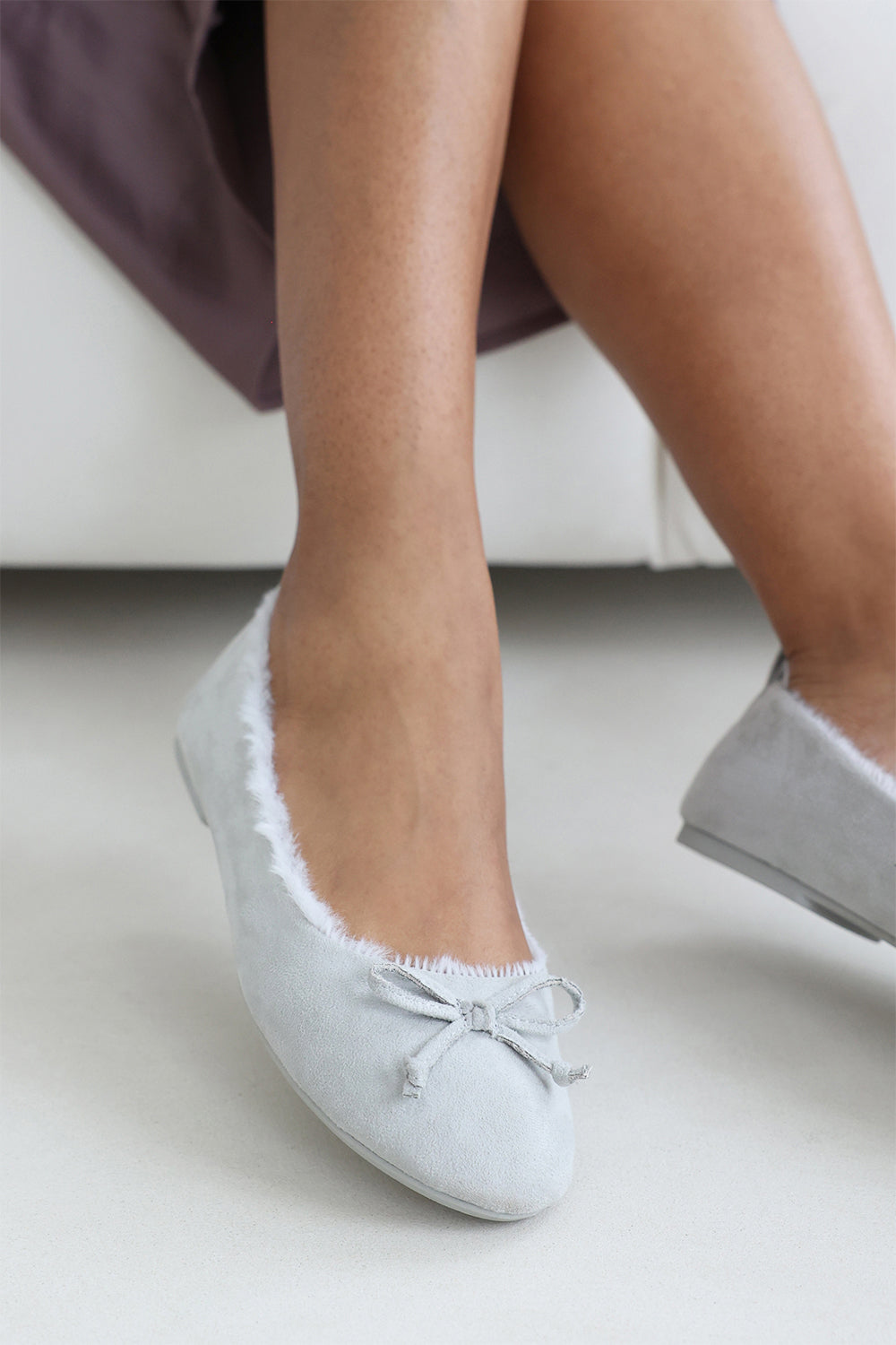 Cassia Ballet Slippers with Grey Faux Fur Lining and Bow detail