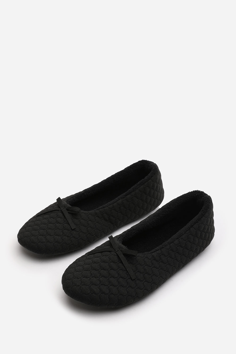 Sorelle Ballet Quilted Slippers with Black Faux Fur Lining and Bow Detail