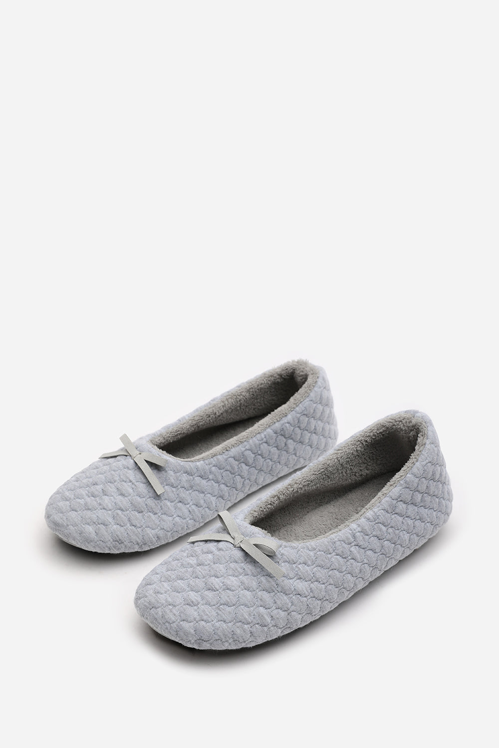 Sorelle Ballet Quilted Slippers with Grey Faux Fur Lining and Bow Detail