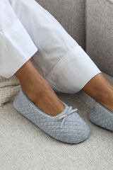 Sorelle Ballet Quilted Slippers with Grey Faux Fur Lining and Bow Detail