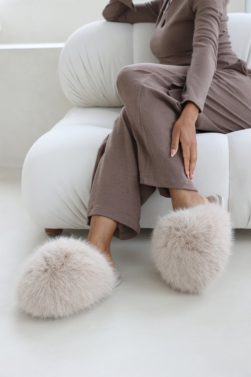 Inez Ultimate Fluffy Beige Faux Fur Mule Slippers