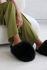 Inez Ultimate Fluffy Black Faux Fur Mule Slippers