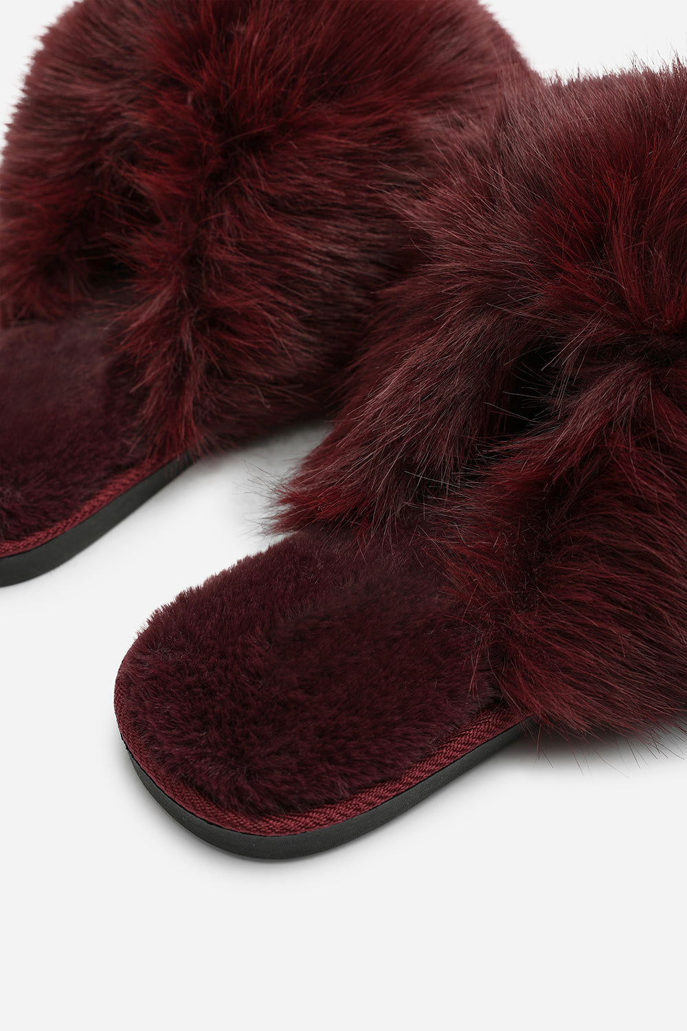 Keira Extreme Fluffy Oversized Faux Fur Slippers In Burgundy