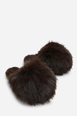 Keira Extreme Fluffy Oversized Faux Fur Slippers In Dark Brown