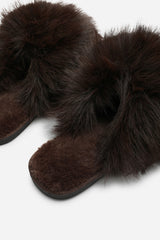 Keira Extreme Fluffy Oversized Faux Fur Slippers In Dark Brown