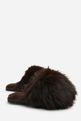 Keira Extreme Fluffy Oversized Faux Fur Slippers In Dark Brown