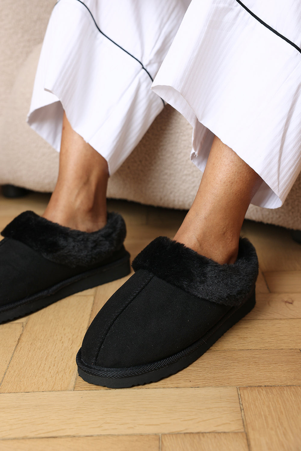 Inaya Black Faux Suede Mule Slippers With Faux Fur Collar Trim