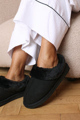 Inaya Black Faux Suede Mule Slippers With Faux Fur Collar Trim