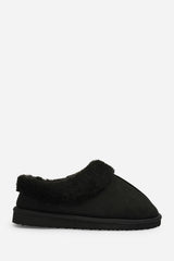 Inaya Black Faux Suede Mule Slippers With Faux Fur Collar Trim