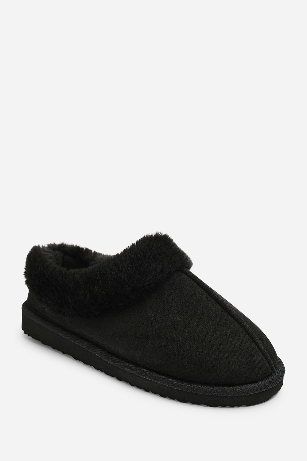 Inaya Black Faux Suede Mule Slippers With Faux Fur Collar Trim
