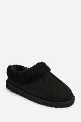 Inaya Black Faux Suede Mule Slippers With Faux Fur Collar Trim