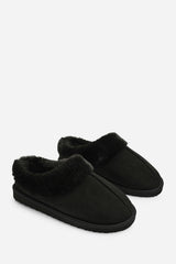 Inaya Black Faux Suede Mule Slippers With Faux Fur Collar Trim