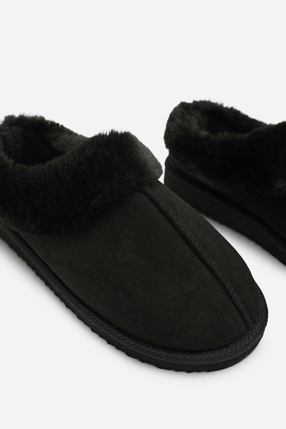 Inaya Black Faux Suede Mule Slippers With Faux Fur Collar Trim