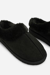 Inaya Black Faux Suede Mule Slippers With Faux Fur Collar Trim