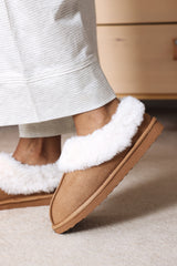 Qelora Faux Suede Mule Slippers With Faux Fur Collar Trim
